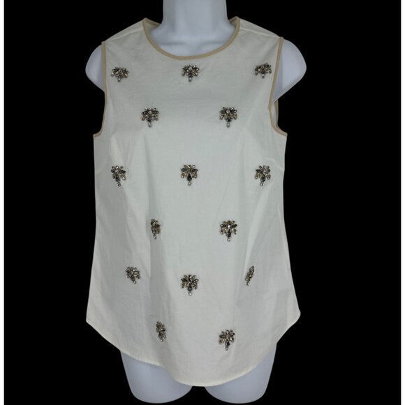 J. Crew Factory Tops - J Crew Factory Tank Top White Beige Jeweled Front Sleeveless Blouse Womens Sz 0